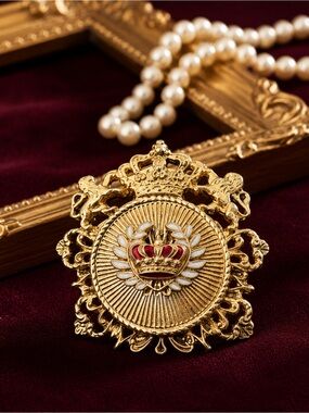 Vintage Royal Crown Brooch | Gold Tone Enamel Heraldic Pin